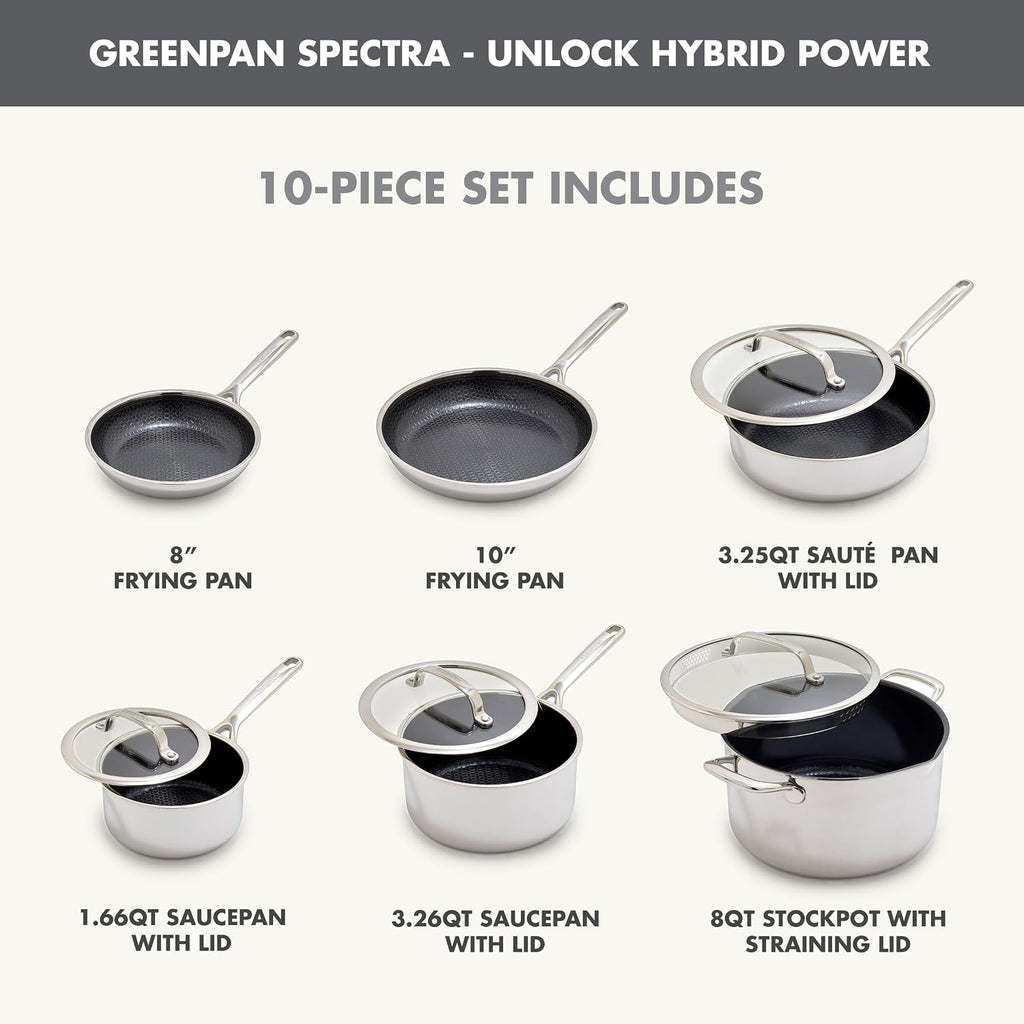 GreenPan Spectra 10 Piece Cookware Set,Hybrid Tri-Ply Stainless Steel, PFAS-Free Ceramic Nonstick Textured Cooking Surface,Induction Pots & Pans with Lids, Dishwasher Safe,Oven & Broiler Temp to 850˚F