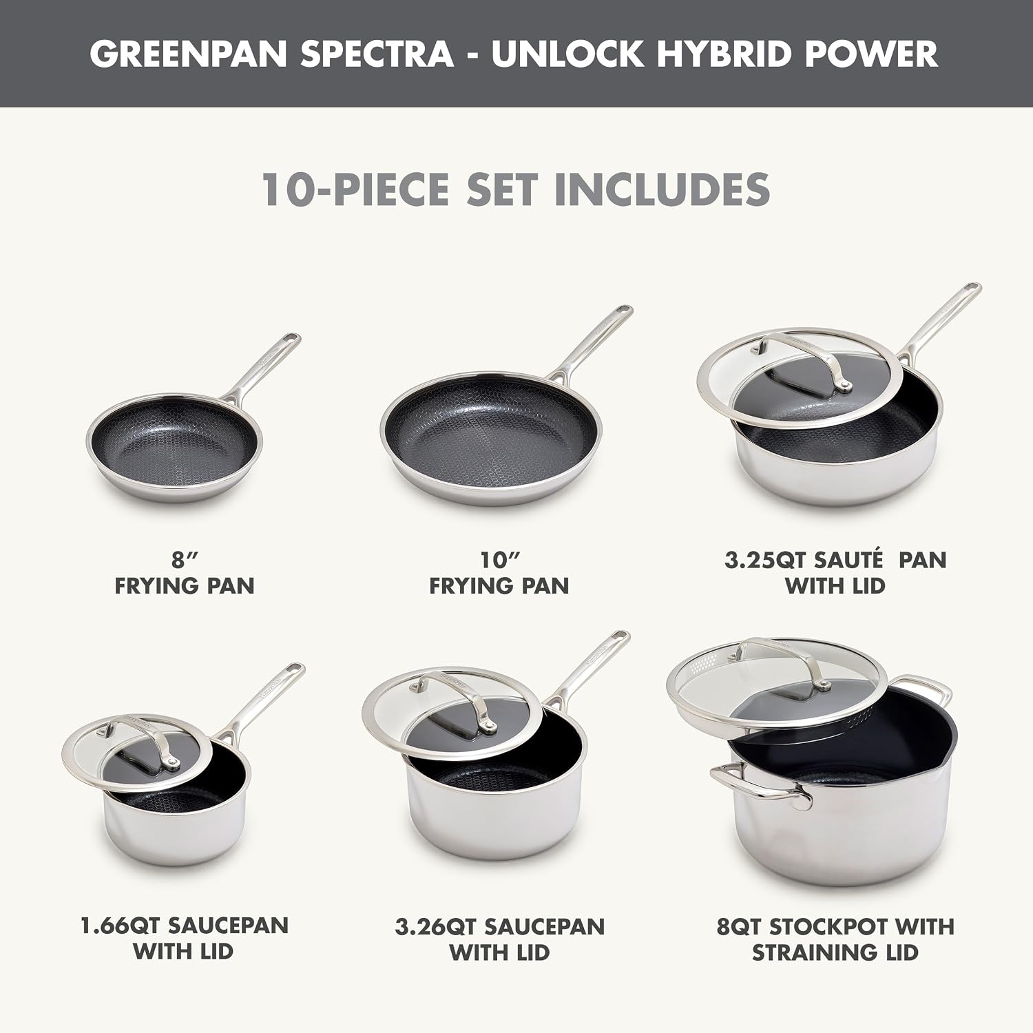 GreenPan Spectra 10 Piece Cookware Set,Hybrid Tri-Ply Stainless Steel, PFAS-Free Ceramic Nonstick Textured Cooking Surface,Induction Pots & Pans with Lids, Dishwasher Safe,Oven & Broiler Temp to 850˚F