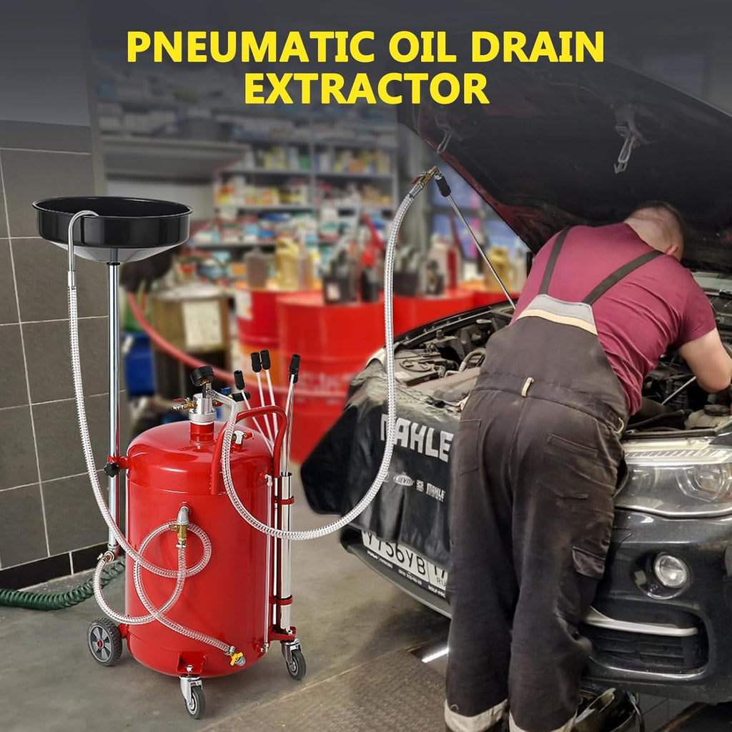 GarveeTech 20 gal Oil Drain Vacuum and Extractor, Pneumatic Oil Drainer, Air Operated Drainer for Oil Change, Portable Oil Drain Container, Oil Drain Tank with Adjustable Funnel