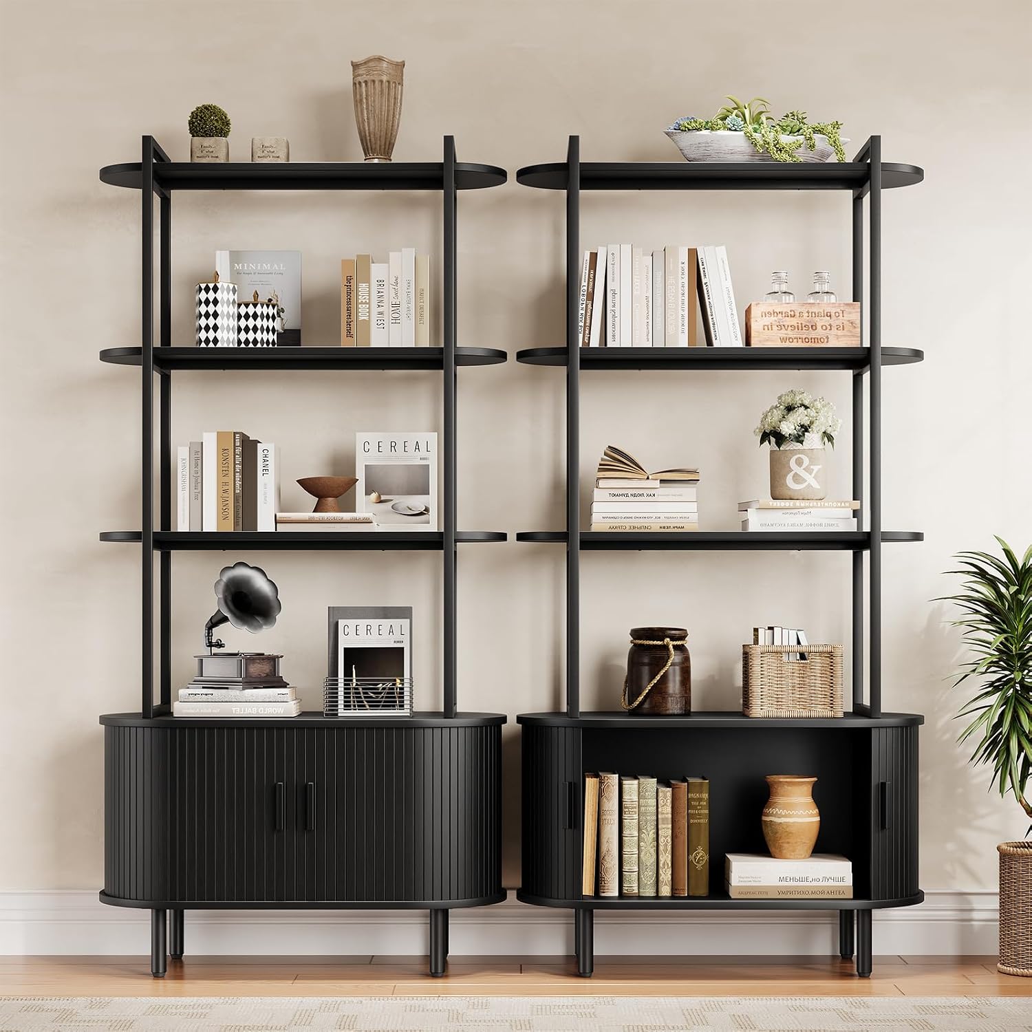5 Tier Tall Bookshelf with Cabinet, Fluted Bookcase with Sliding Door, Metal and Wood Display Shelf, Free Standing Storage Shelving Unit, Corner Storage Organizer for Living Room, Home Office, Black