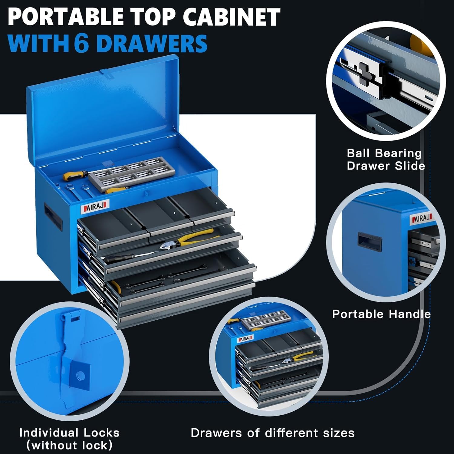 AIRAJ 7-Drawer Tool Chest with Wheels,41' Heavy Duty Rolling Tool Chest,Detachable Top Tool Box,Tool Cabinet with Liners,Hooks,Tray Divider,Rolling Tool Chest for Workshop,Warehouse