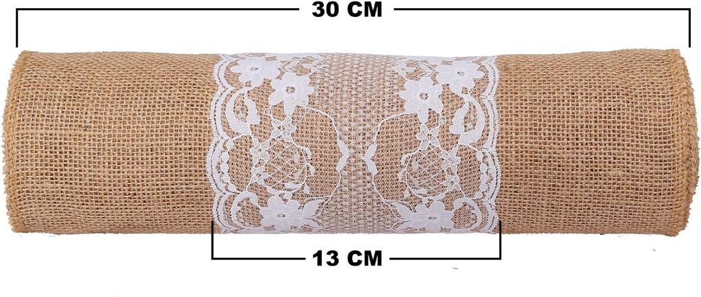 MDS Pack of 20 Wedding 12 x 108 inch Burlap Lace Hessian Table Runner Rustic Natural Jute Country Vintage for Wedding Banquet Decoration – Natural Lace Jute Burlap