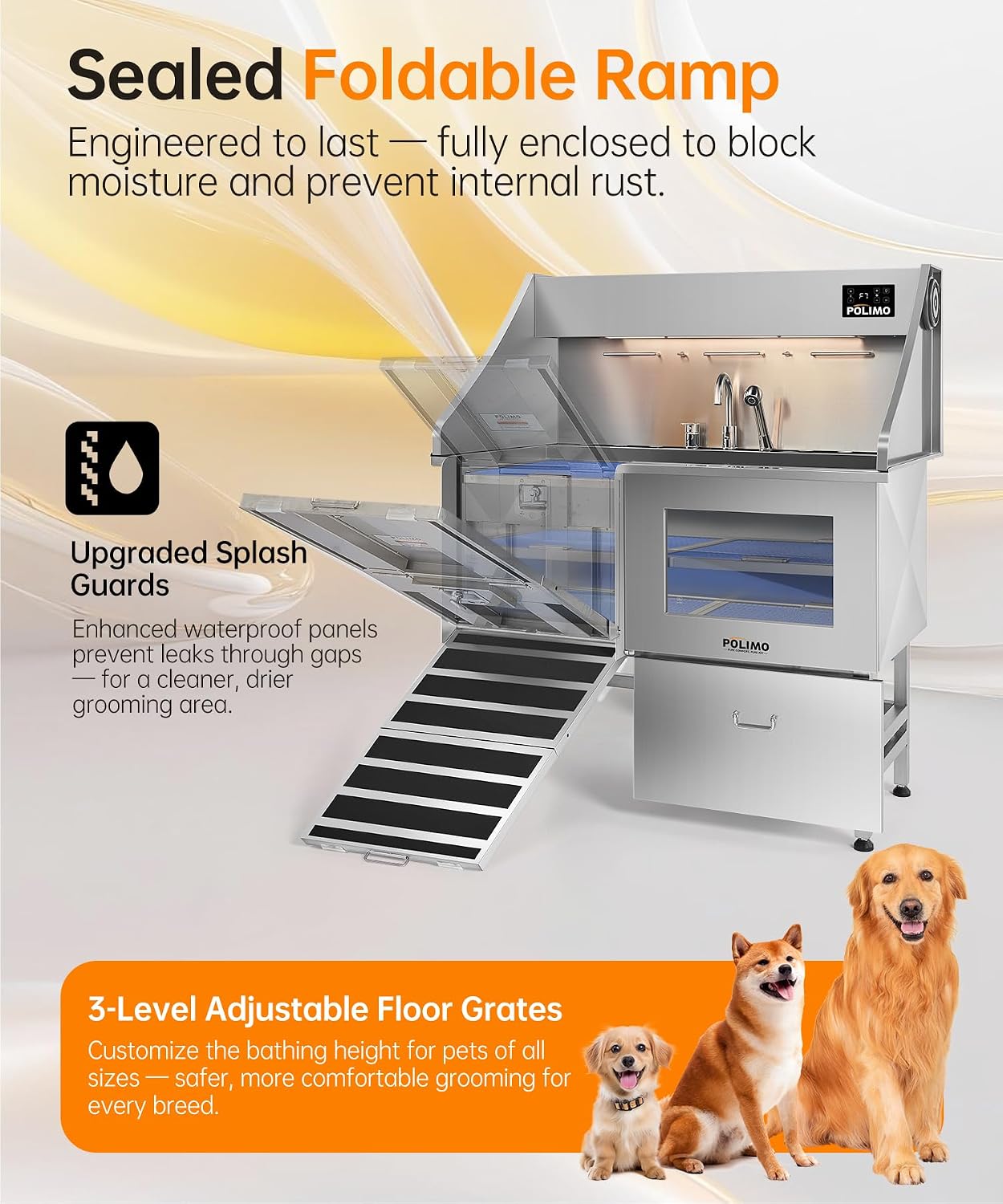 POLIMO Dog Washing Station with Built-in Pet Dryer and LED Display 50' (Left Ramp), 304 Stainless Steel Dog Bathtub for Large Medium Small Dogs, Wash and Dry Grooming Tub with Faucet, Storage Drawer