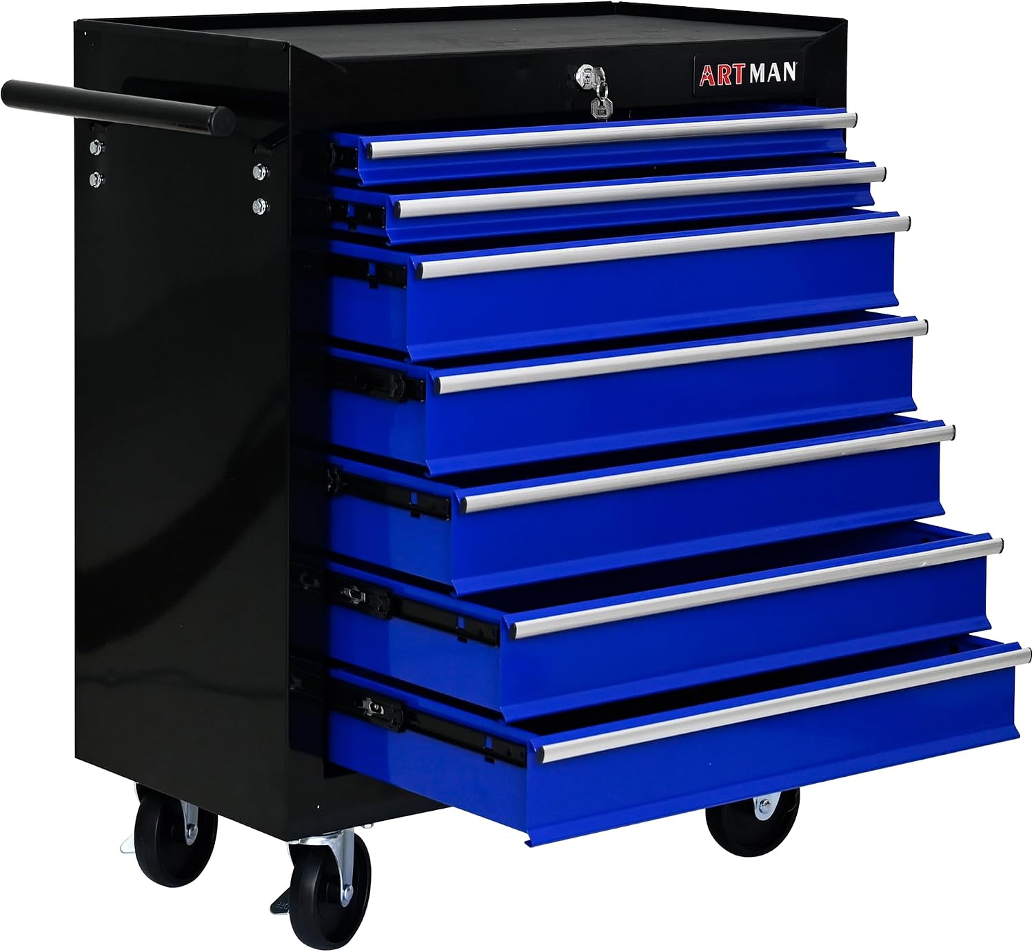 Rolling Tool Cart with 7 Drawers, Lockable Heavy-Duty Steel Tool Cabinet on Wheels, 300 lb Capacity, Ball-Bearing Slides, Powder-Coated Finish, Garage Workshop Tool Storage Black+Blue