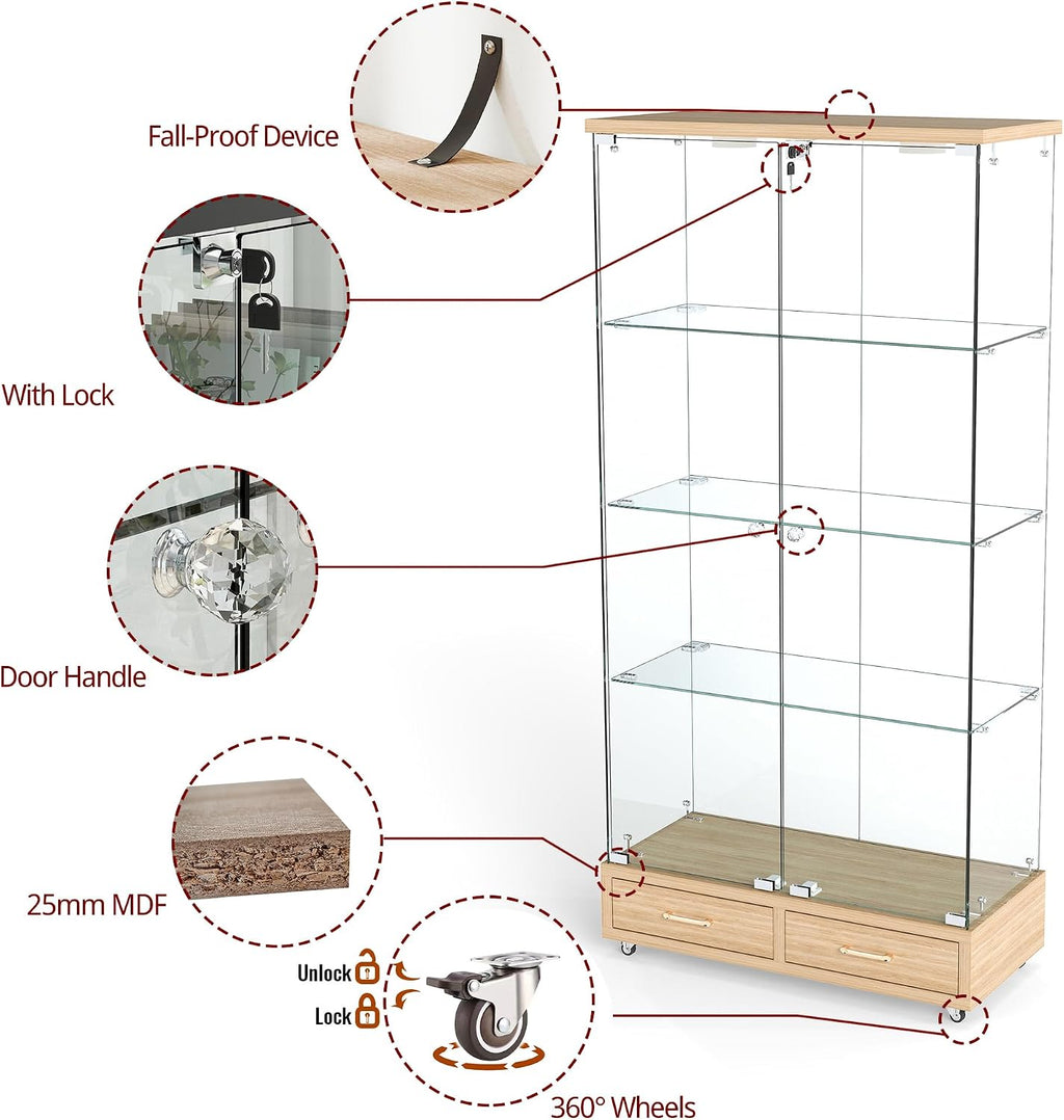 Modern Glass Display Cabinet with LED Light 4-Shelf Curio Cabinets with Storage Drawer and Wheels,Tempered Glass Display Shelf Bookcase for Living Room Home Office