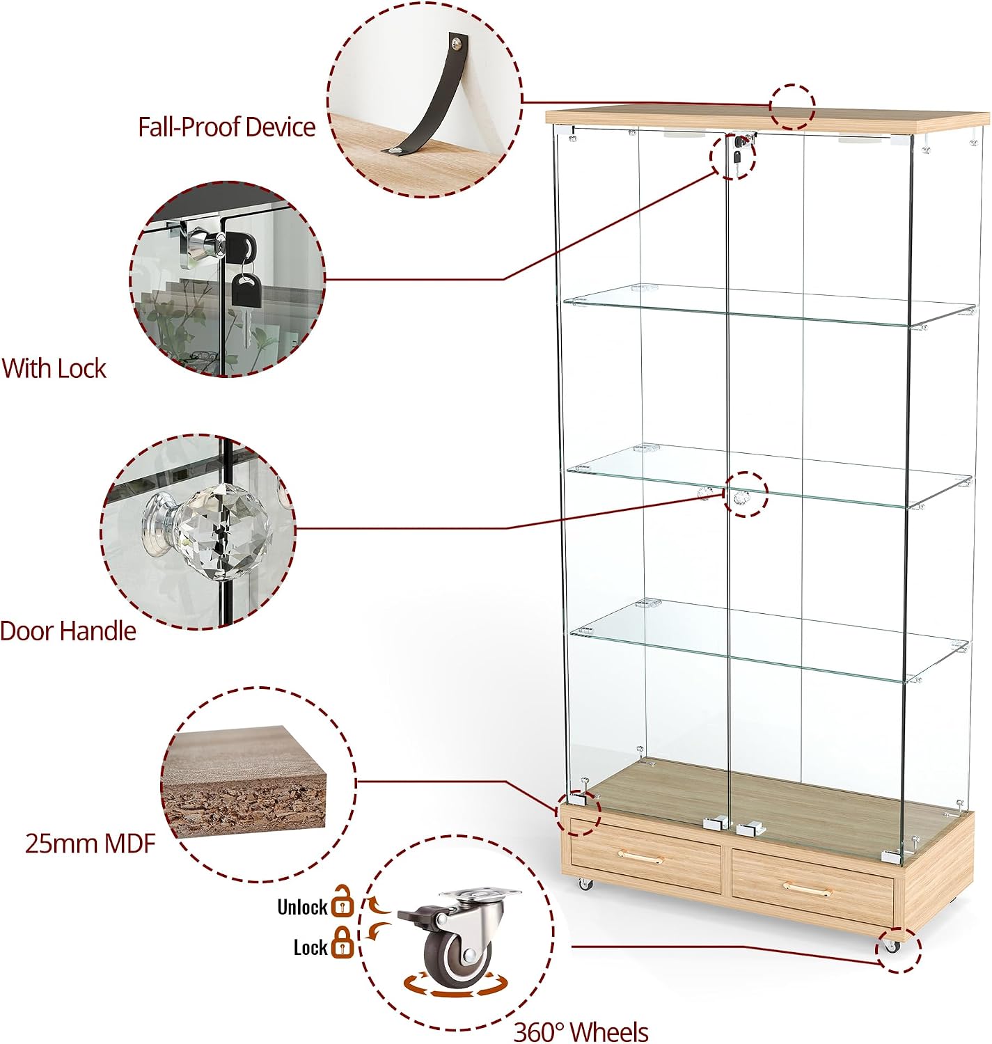 Modern Glass Display Cabinet with LED Light 4-Shelf Curio Cabinets with Storage Drawer and Wheels,Tempered Glass Display Shelf Bookcase for Living Room Home Office