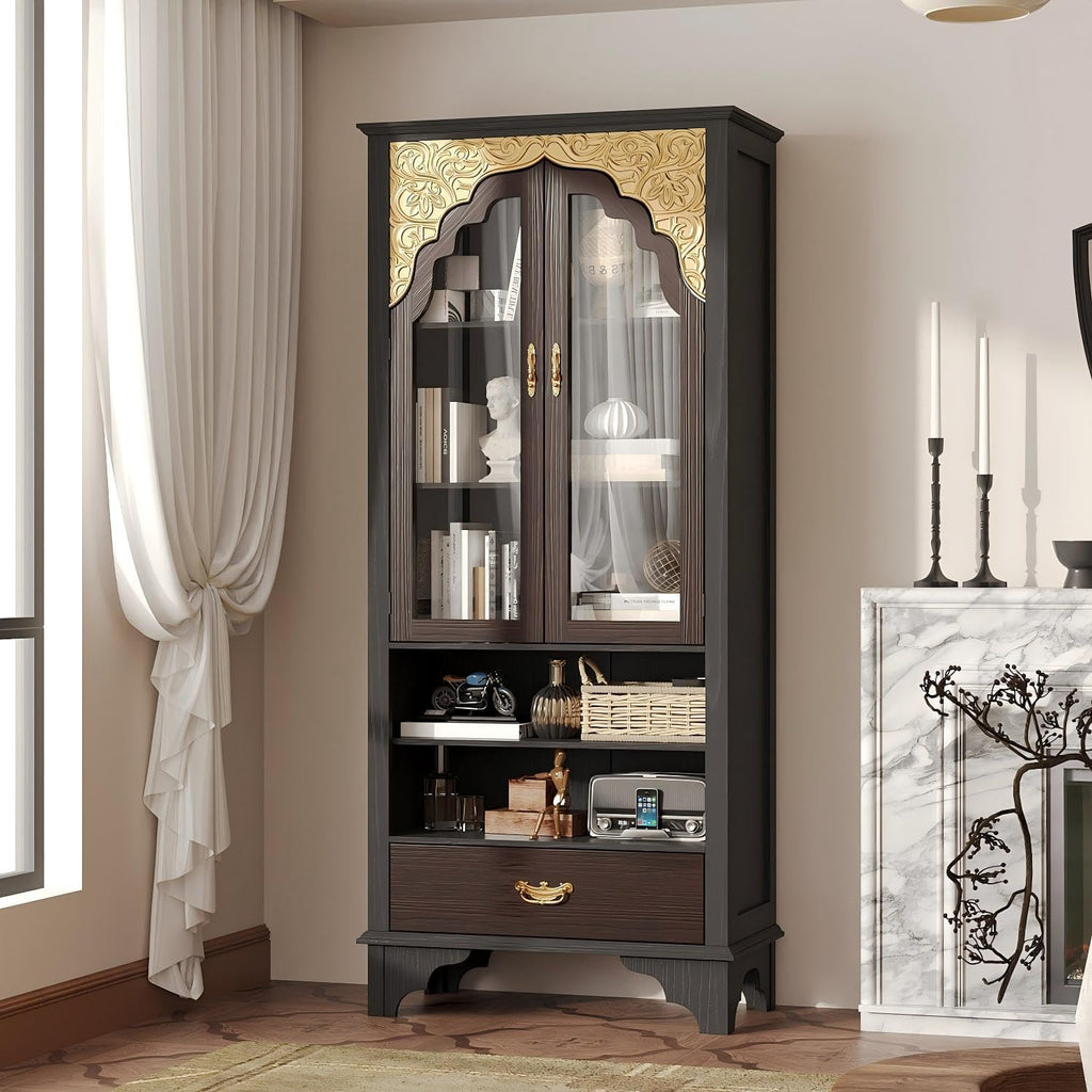 Carved Storage Cabinet with 2 Glass Doors & Drawer, Pooja Mandir with 5-Tier Shelves, Gold Accents, Decorative Cabinet Display Cabinets for Living Room Black and Brown(31.5'W x 15.7'D x 71.8'H)