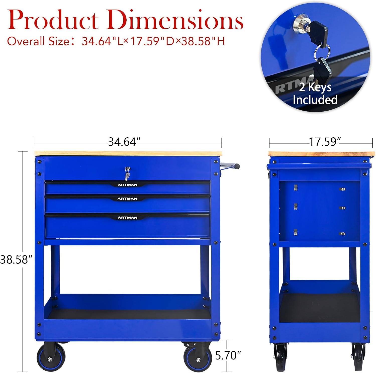 3-Drawer Rolling Tool Cart with Lift-Up Wooden Top, Heavy Duty Mobile Tool Cabinet with Secure Lock and Wheels, Multi-Functional Storage for Garage and Workshop