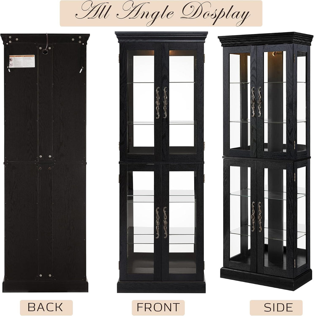 Lighted Curio Cabinet 71' Vintage Glass Display Case with Adjustable Shelves, 4 Tempered Glass Doors, Bulb Included, Wooden Square Wine Bar China Cabinet for Living Room Liquor Storage (Black)