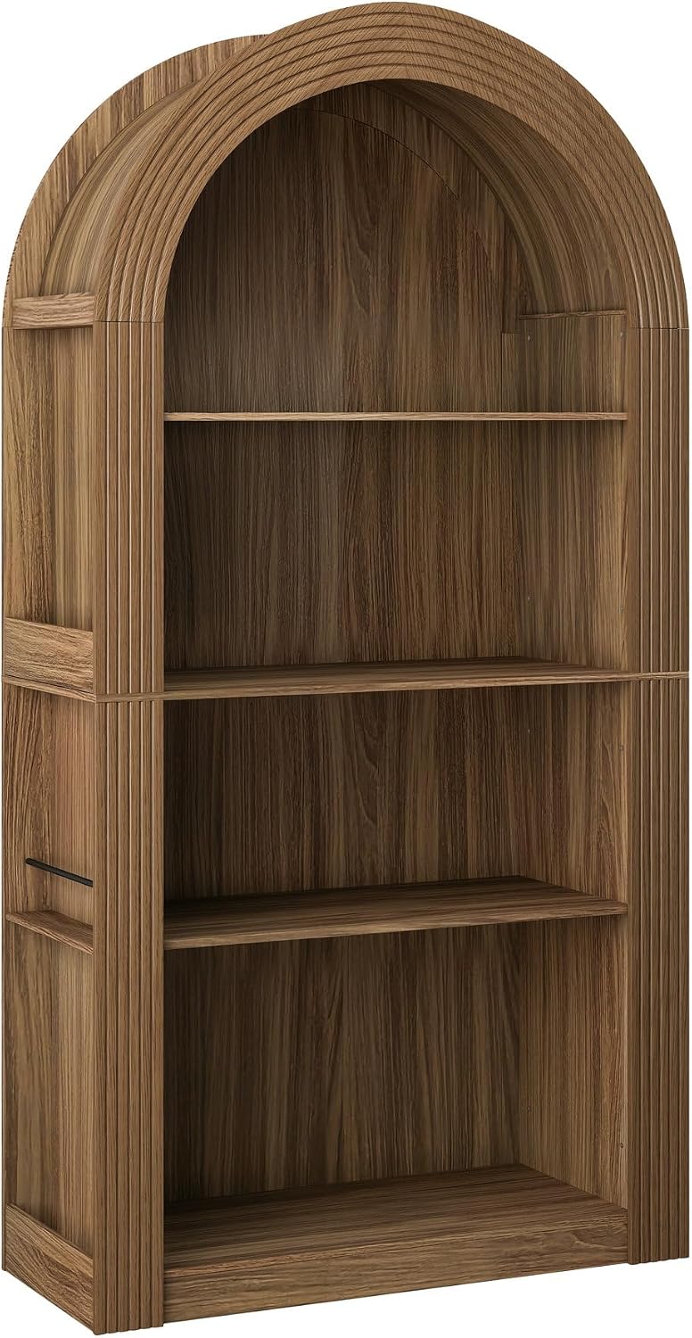 LUMISOL Tall Arched Kitchen Pantry Cabinet with Open Display Storage Shelf, Modern Arched Bookcase with 4 Tier Shelf, for Dining Room Living Room, Brown