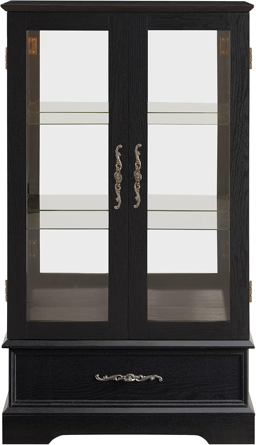 Display Cabinet with Glass Doors Drawer, Lighted Curio Cabinet with Adjustable Glass Shelves and Mirrored Back Panel, Retro Floor Standing Storage Cabinets for Living Room, Black