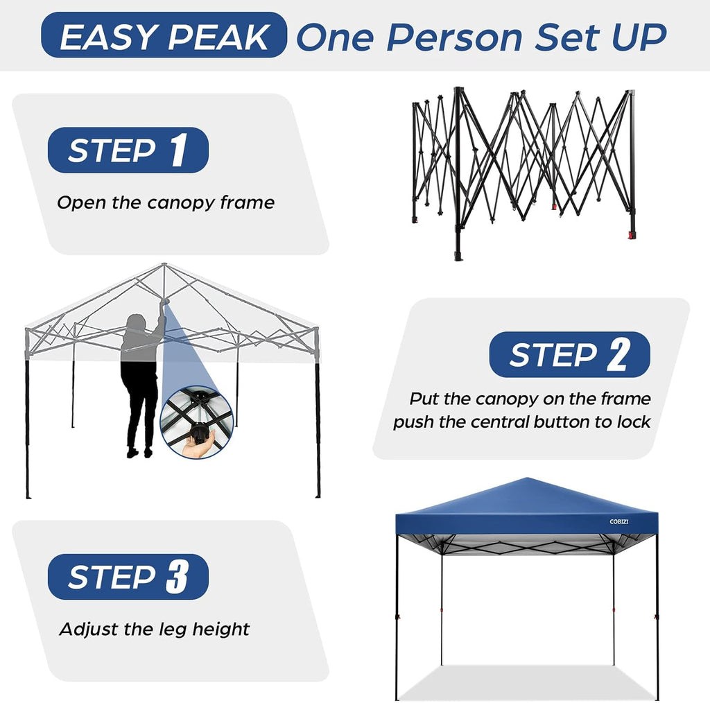 COBIZI Canopy 10 X 10 Pop Up Canopy Tent 1-Button Push Easy up Outdoor Canopy Instant Portable Commercial Shelter Waterproof UPF50+ Gazebo with Reflective Strip, Air Vent & 4 Sandbags,Blue