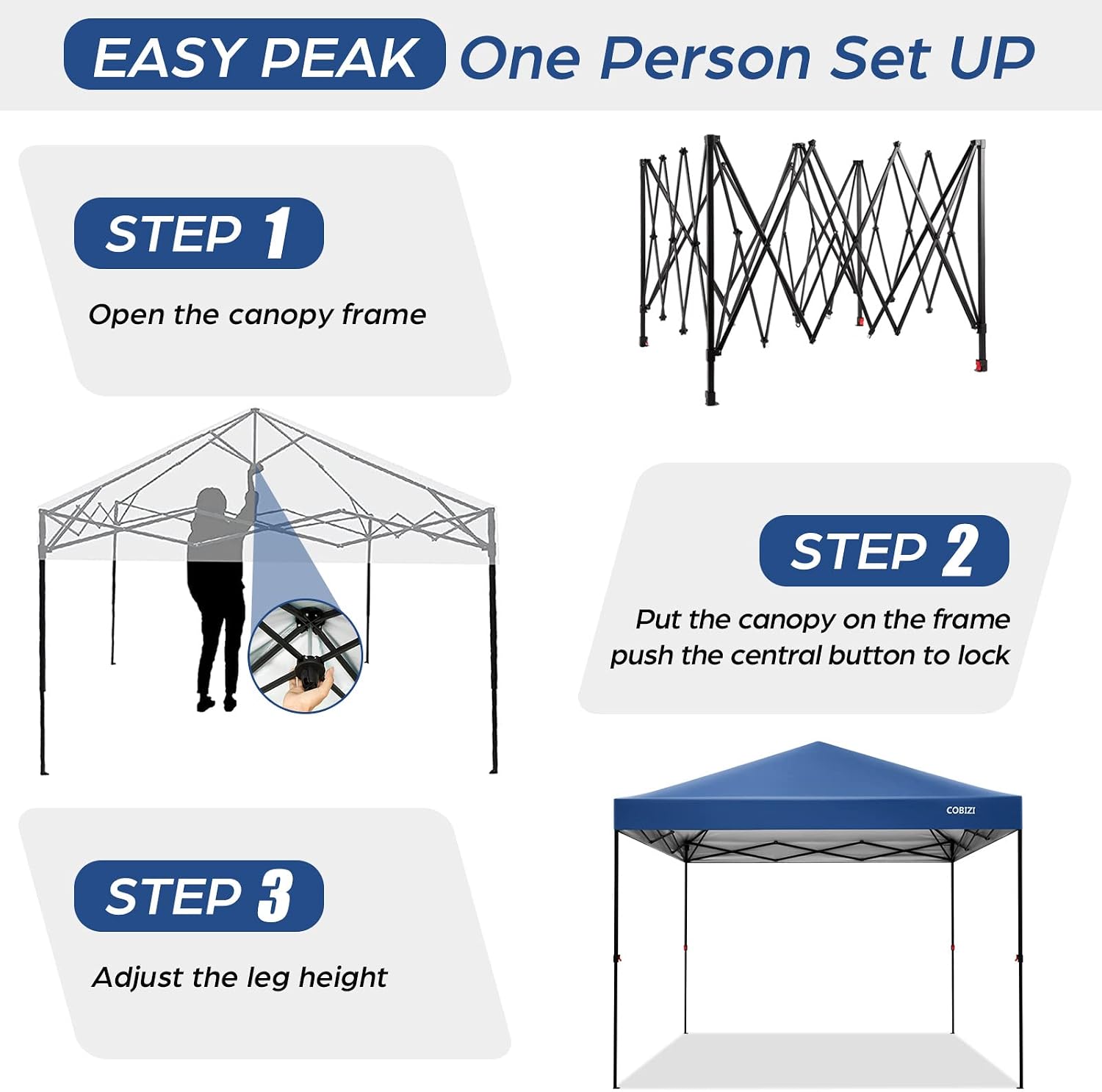 COBIZI Canopy 10 X 10 Pop Up Canopy Tent 1-Button Push Easy up Outdoor Canopy Instant Portable Commercial Shelter Waterproof UPF50+ Gazebo with Reflective Strip, Air Vent & 4 Sandbags,Blue