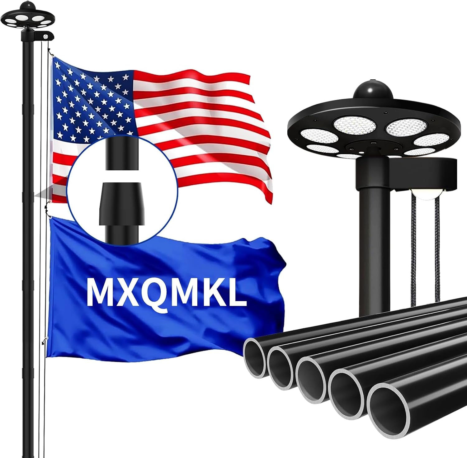 20FT Heavy Duty Flag Pole Kit with Solar Light,14 Gauge Flag Pole for Outside House in Ground Thick Aluminum Flagpoles with 136 LED Light & 3x5 American Flag with Pole for Outside Ip67 Waterproof