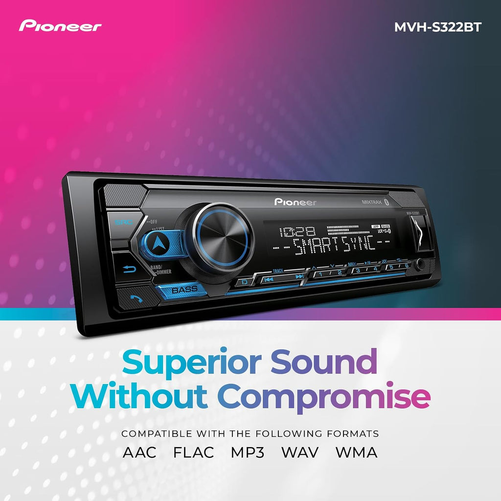 Pioneer MVH-S322BT 1-Din Digital Media Receiver – Bluetooth, USB, Color Change, FLAC, Voice Control, 50W x 4 Output, 13-Band EQ, AM/FM Radio, iPhone/Android Compatible, Front, Rear/SW Selectable RCA
