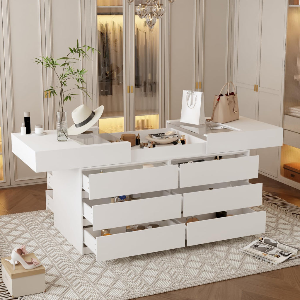 63' W Glass Display Cabinet, Walk in Closet Island for Retail, Jewelry Organizers Storage with 12 Drawers & Pull-Open Top, Collectibles Cabinet Showcase for Cloakroom Shop, White