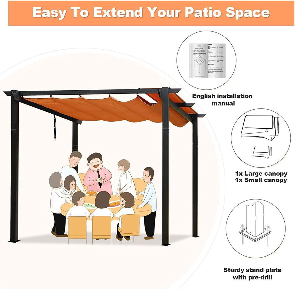 Domi 10' X 10' Outdoor Retractable Pergola with Weather-Resistant Canopy, Aluminum Patio Pergola Gazebo for BBQ, Party, Beach, Backyard, Deck, Garden