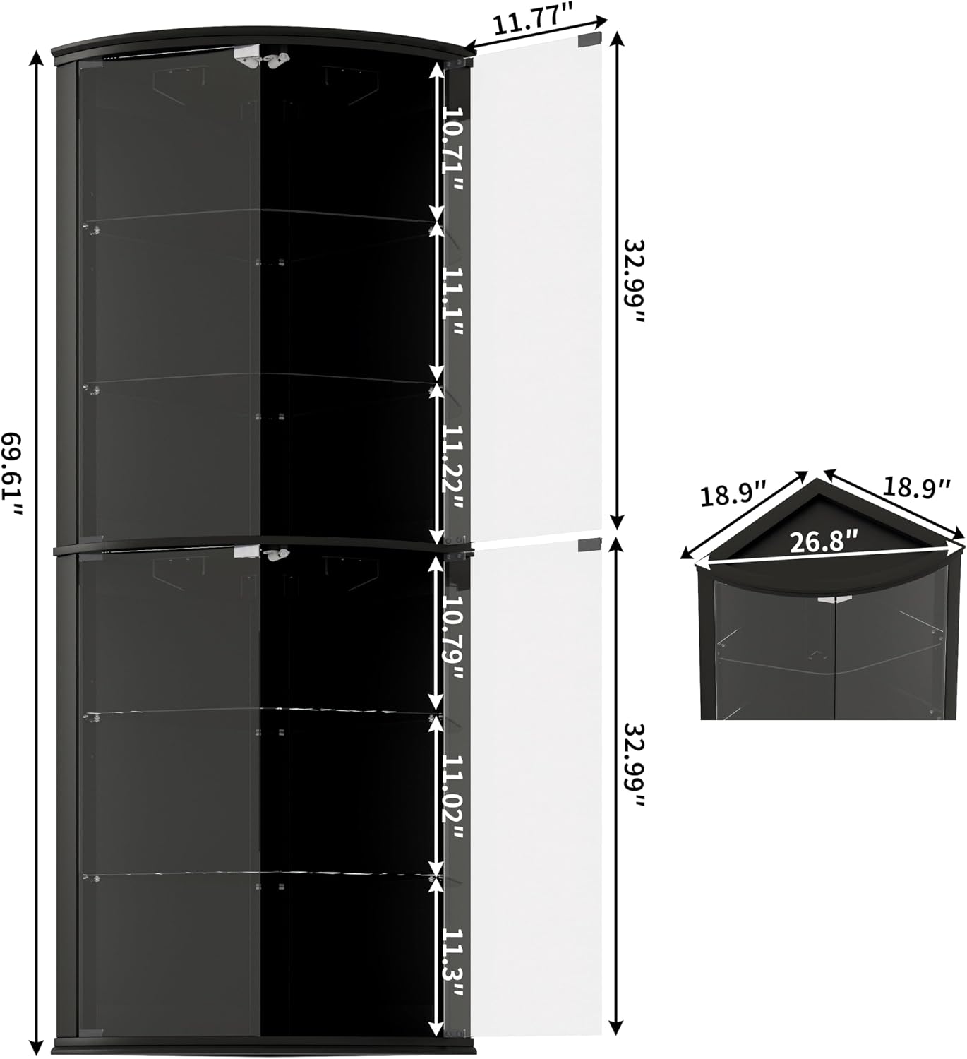 Loomie 70' Corner Bar Cabinet with LED Lights, 6-Tier Modern Wine Cabinet with Glass Door & Glass Holder, Tall Home Bar Liquor Cabinet with Adjustable Shelves for Dining Room, Living Room (Black)