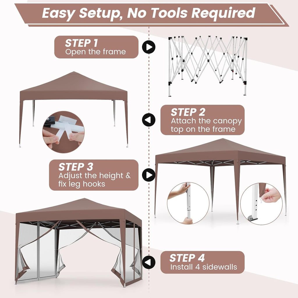 Tangkula 10x10 Ft Pop Up Canopy with Netting, Easy Up Outdoor Tent with Mesh Sidewalls, Carrying Bag, Adjustable Height, Portable Canopy Tent for Parties Events Camping Travel