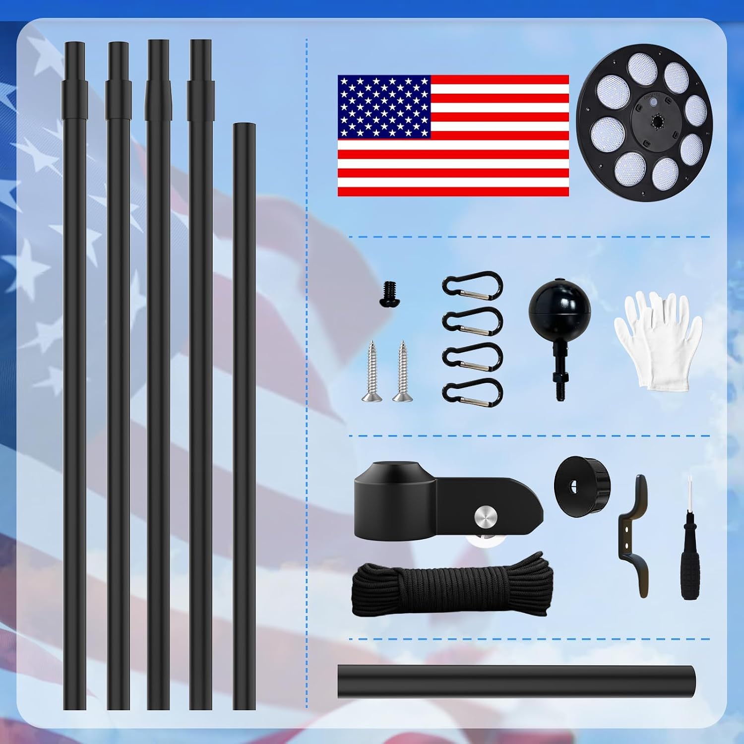 20FT Heavy Duty Flag Pole Kit with Solar Light,14 Gauge Flag Pole for Outside House in Ground Thick Aluminum Flagpoles with 136 LED Light & 3x5 American Flag with Pole for Outside Ip67 Waterproof
