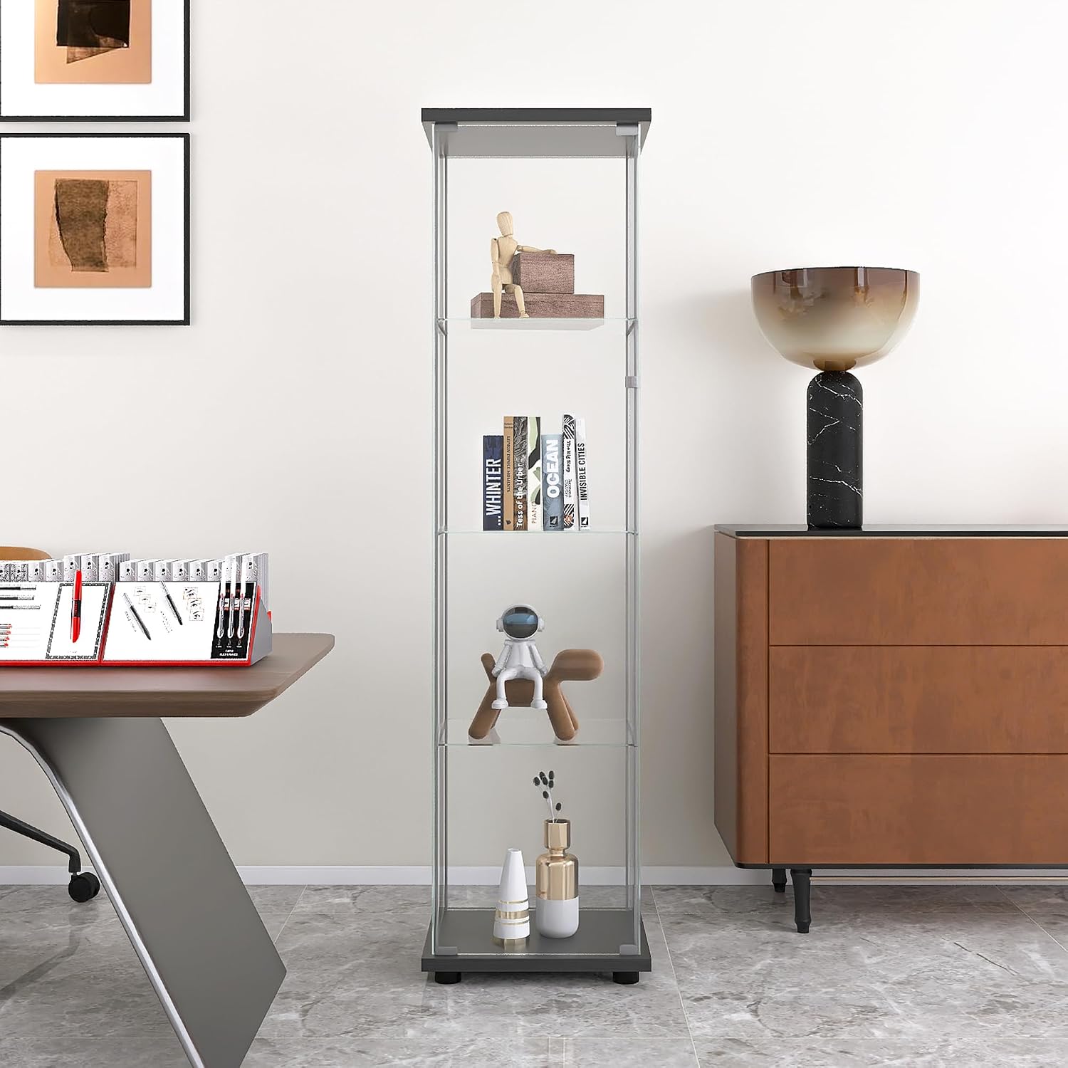Modern 64'' 4-Shelf Glass Display Cabinet in Clear with Door, Curio Cabinet Collection Display Case, Floor Standing Bookshelf for Living Room Bedroom Home Office (Black -S)