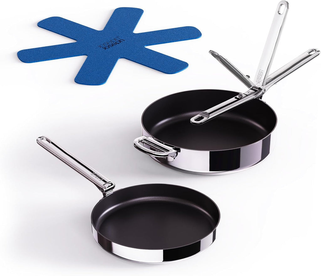 Joseph Joseph Space Steel 2-Piece Nonstick Stainless-Steel Frying Pan Skillet Set, Nesting with Folding Handles, Induction & Oven Safe