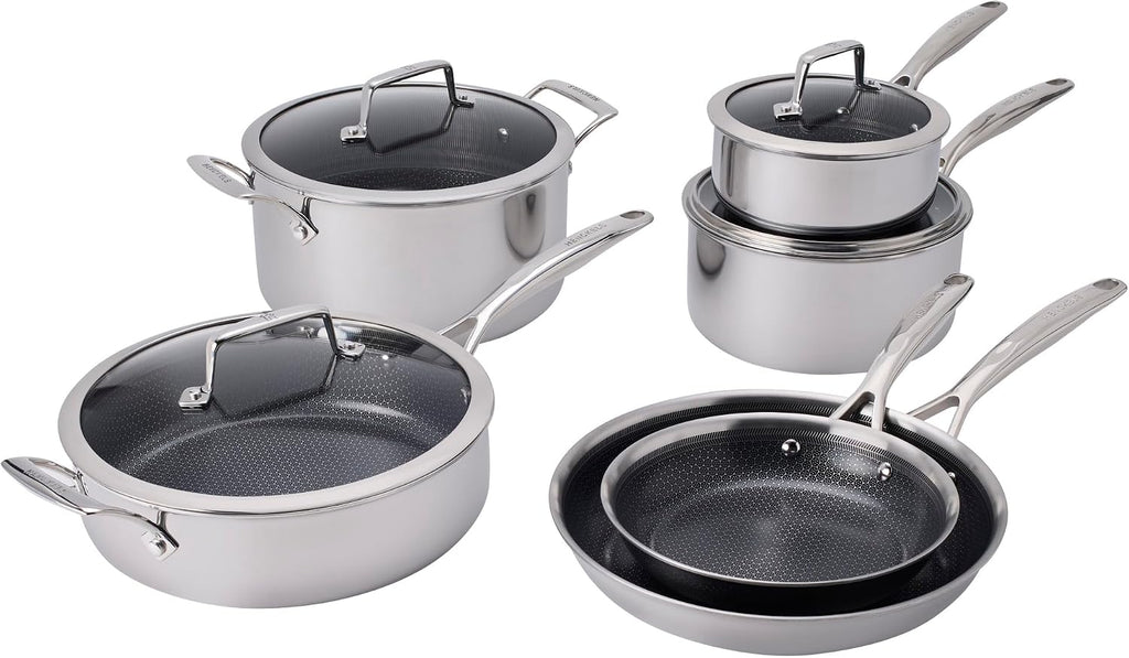 Henckels Paradigm Stainless Steel 10 pc Cookware Set, Tri-Ply Ceramic Nonstick Cookware, Non Toxic Induction Cookware Set, Metal-Utensil & Dishwasher Safe