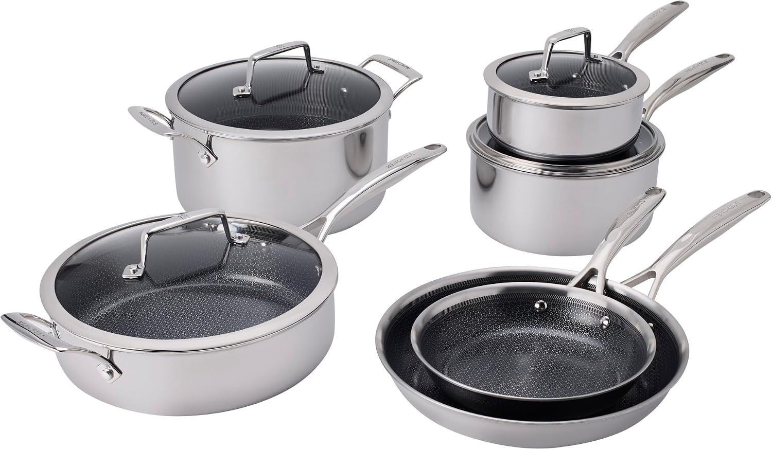 Henckels Paradigm Stainless Steel 10 pc Cookware Set, Tri-Ply Ceramic Nonstick Cookware, Non Toxic Induction Cookware Set, Metal-Utensil & Dishwasher Safe