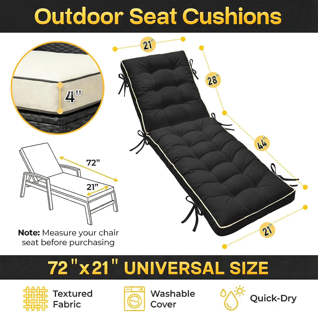 2 Pack 72x21 Inch Folding Chaise Lounge Cushion Quick Dry - Outdoor Sun Lounger Seat Pad with Shredded Foam for Patio Furniture, Deck Chairs, Poolside (Black, 72 INCH × 21 INCH-2 Pack)
