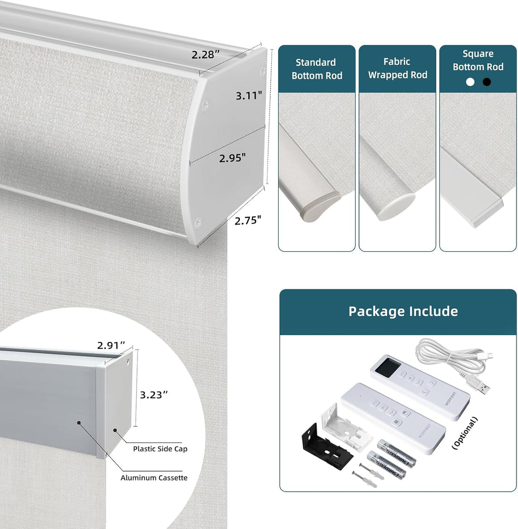 Motorized Roller Shade, 100% Blackout Smart Window Blinds Work with Homekit, Alexa, Google Home, Remote Control, Electric Blinds with USB/Solar Pannel Charging, Gentle White