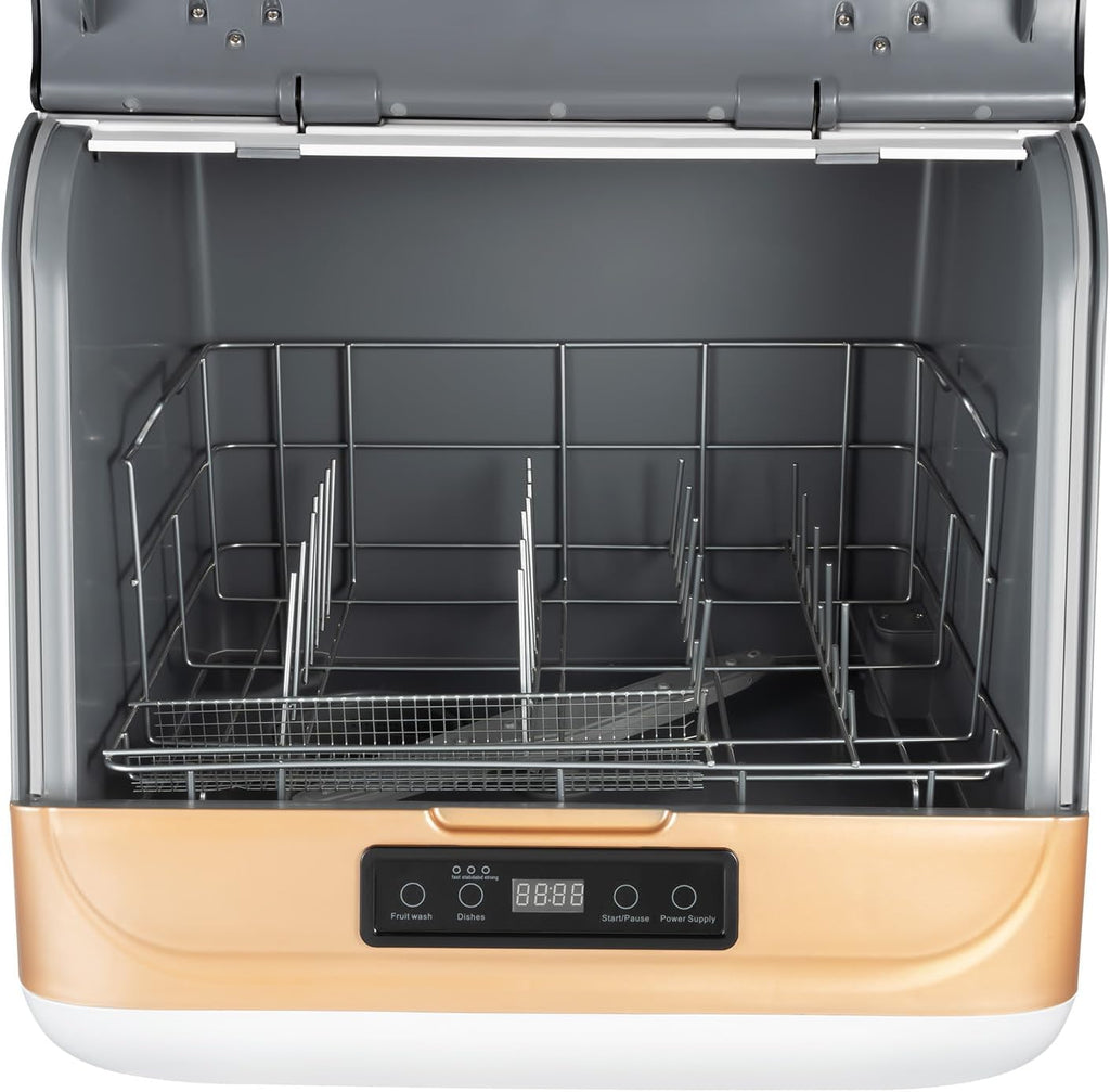 800W Portable Countertop Dishwasher,3 Washing Modes, 158℉ High-Temp, No Installation Needed, Compact Mini Dish Washing Machine with 8L Water Tank for 4-6 Sets Tableware (Type A - Gold)