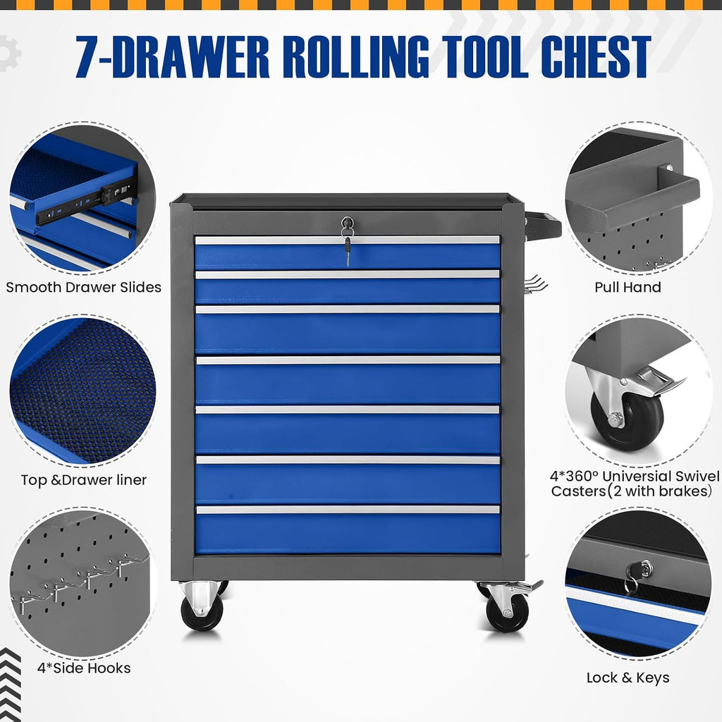 7-Drawer Rolling Tool Chest with Wheels,Tool Cabinet on Wheels with Keyed Locking,Multifunctional Tool Cart on Wheels,Tool Storage Organizer Cabinets for Garage,Warehouse, Repair Shop (Grayish Blue)