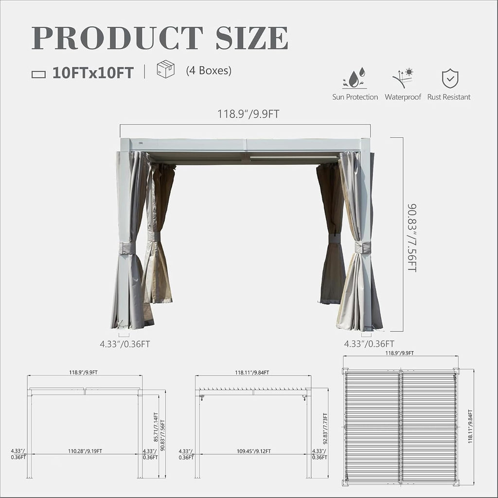 Domi 10'x10' Aluminum Louvered Pergola Outdoor Pergola with Adjustable Roof Sun Shade Gazebo with Gutter System for Backyard Garden Deck (White)