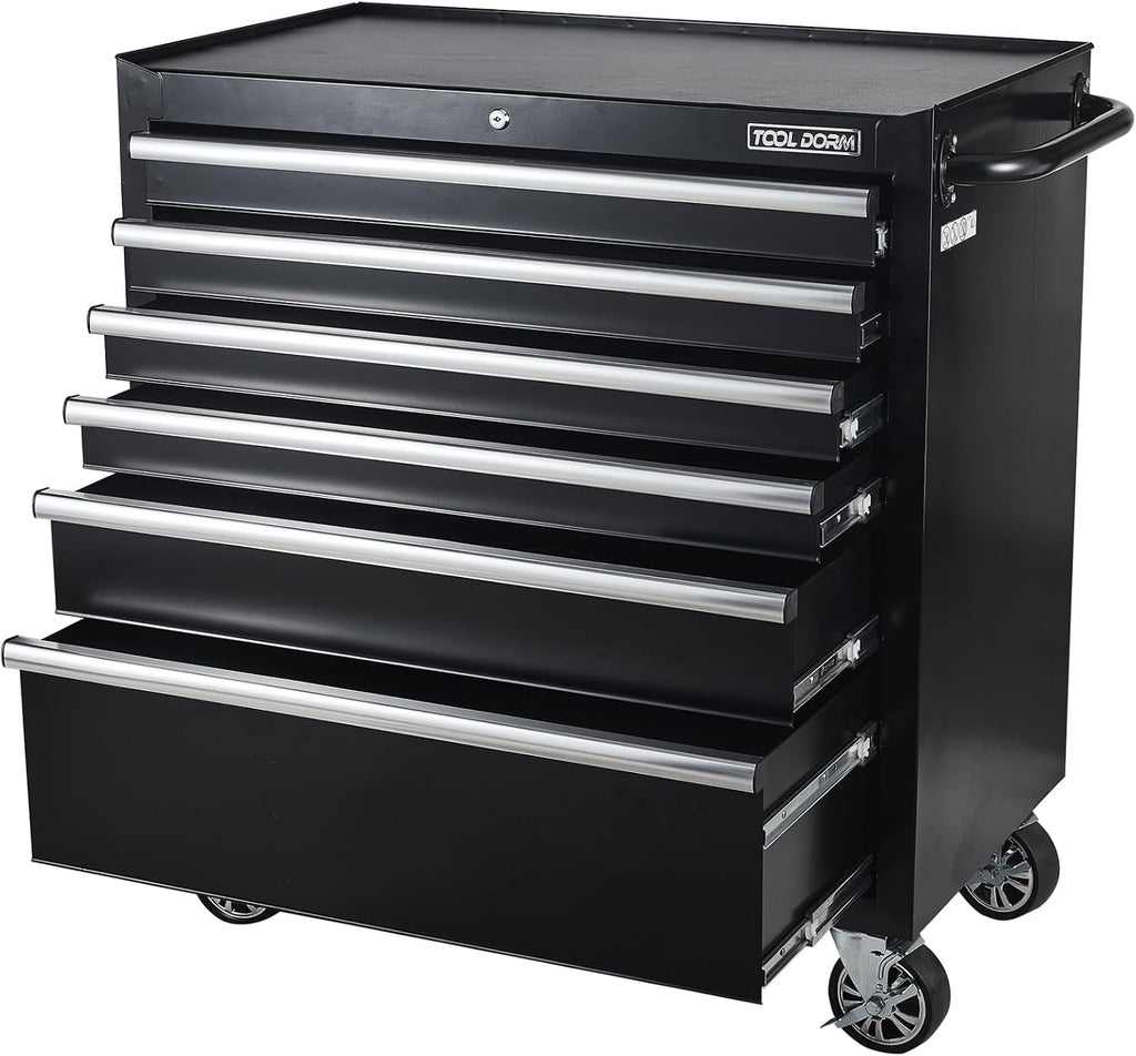 Tool Chest, 6 Drawers Rolling Tool Cabinet, Lockable Wheels, Ball Bearing Sliders, Black Powder Coating, Metal Tool Storage Cart, Suitable for Garage, Warehouse, Workshop