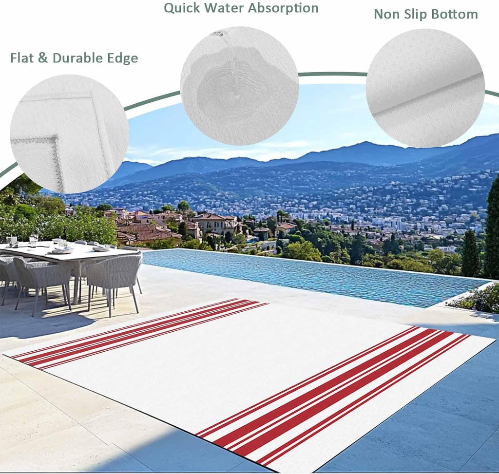 Outdoor Rug 4x6ft Farmhouse Red Stripes Patio Area Rugs Waterproof Easy Cleaning Non Shedding Thick Mats White Carpet for Indoor Outdoor Porch Deck Backyard Balcony