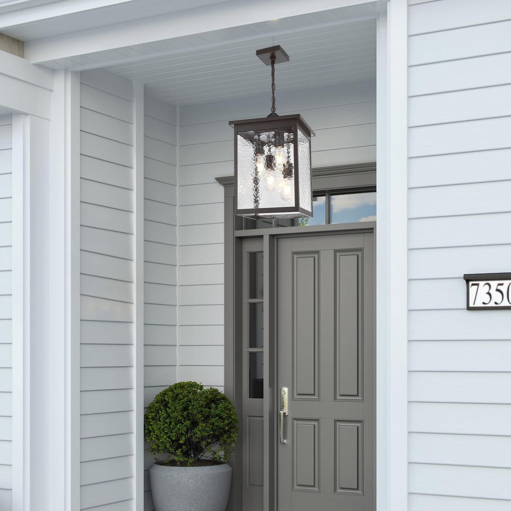16.7'' Large Outdoor Pendant Light, 4-Lights Oil Rubbed Bronze Exterior Hanging Porch Chandelier Lantern with Hammer Glass, Modern Outdoor Ceiling Light Fixture for Entryway Gazebo Patio