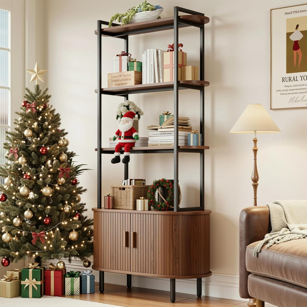 5 Tier Tall Bookshelf with Cabinet, Fluted Bookcase with Sliding Door, Metal and Wood Display Shelf, Free Standing Storage Shelving Unit, Corner Storage Organizer for Living Room, Home Office, Walnut