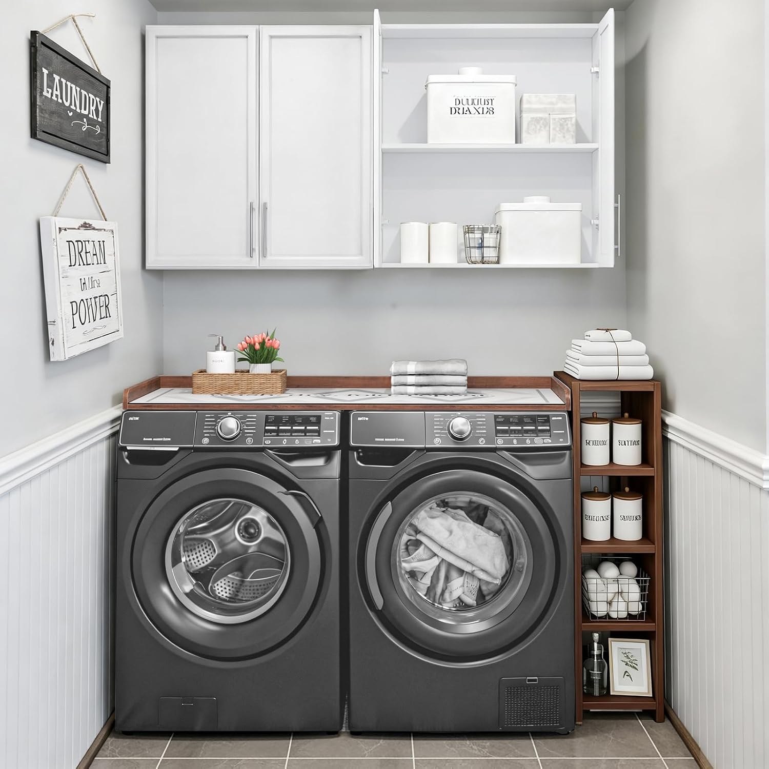 FIMELLO 60' Laundry Room Wall Cabinets and 27.6' x 54' Washer and Dryer Countertop Set, Laundry Room Cabinets Wall Mounted, Upper Cabinets Floating Cabinet - Brown Laundry Countertop