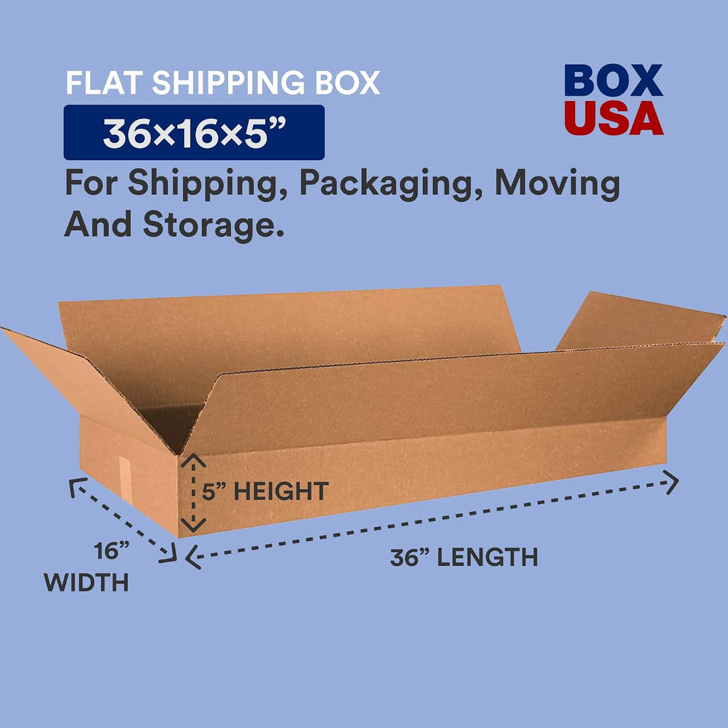 BOX USA 36x16x5 Flat Corrugated Boxes, Flat, 36L x 16W x 5H, Pack of 15 | Shipping, Packaging, Moving, Storage Box for Home or Business, Strong Wholesale Bulk Boxes