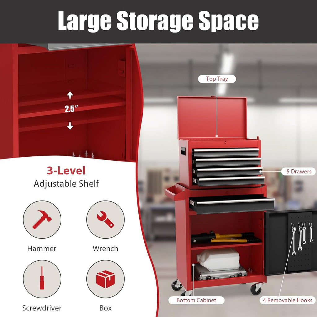 Rolling Tool Chest, 5-Drawer Tool Storage Cabinet with Wheels, Adjustable Shelf & Anti-Slip Liner, Tool Box Organizer for Garage, Warehouse & Workshop (Red+Black)
