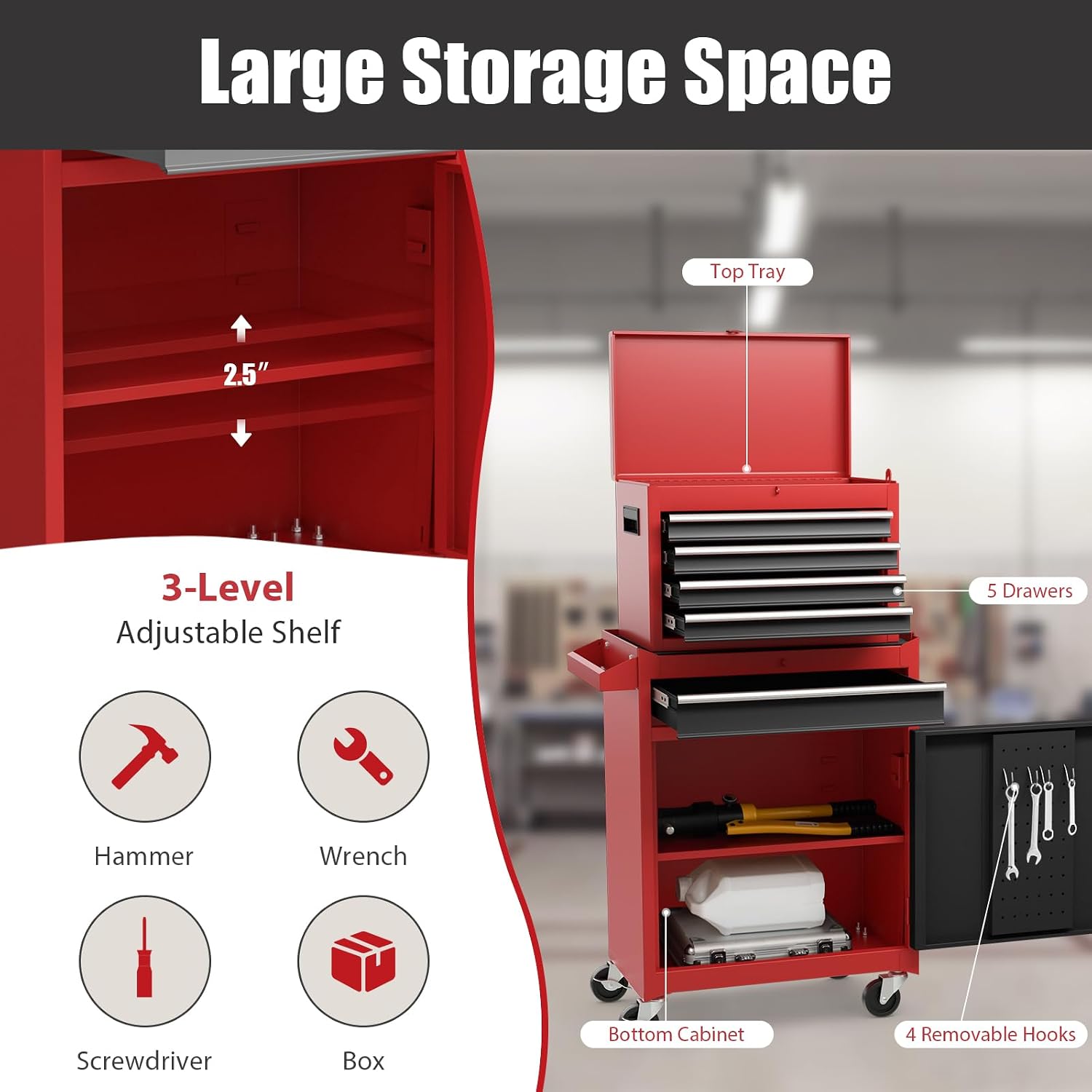 Rolling Tool Chest, 5-Drawer Tool Storage Cabinet with Wheels, Adjustable Shelf & Anti-Slip Liner, Tool Box Organizer for Garage, Warehouse & Workshop (Red+Black)