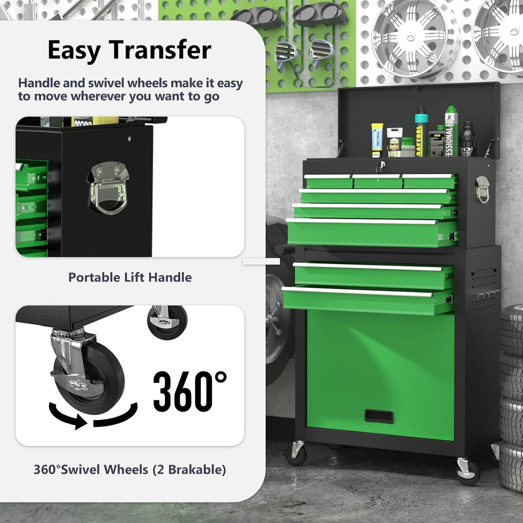 8 Drawer Tools Chest,42.9 inch Tool Cabinet with Universal Lockable Wheels，Organizable Tool Box with Detachable Top Box for Workshop，Blackgreen