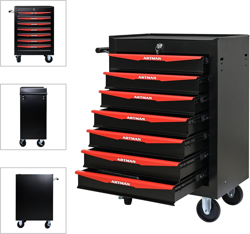 Rolling Metal Tool Chest with 7 Drawers – 20' Steel Tool Storage Box Organizer with Ball Bearing Slides & Lockable Mobile Cabinet on Wheels(Black+Red)