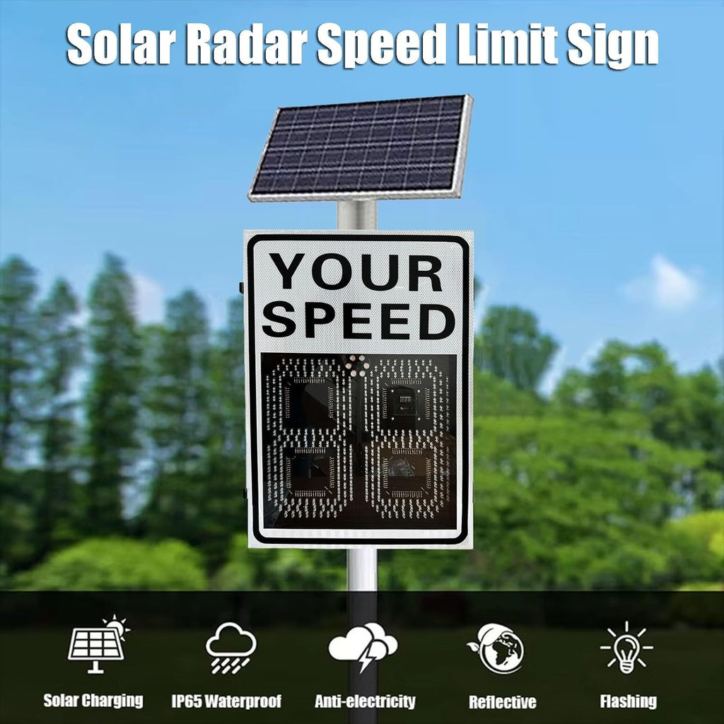 White Speed Display Radar Traffic Warning Sign, 24'x35'/20'x27' Solar LED Variable Speed Limit Sign Radar Vehicle Feedback Signage for Roadway Safety, with Accessories(A,50 * 70cm)