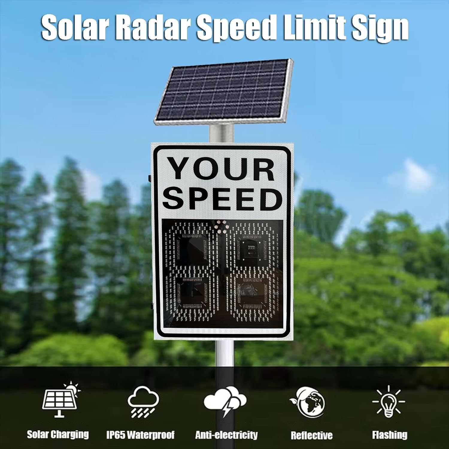 White Speed Display Radar Traffic Warning Sign, 24'x35'/20'x27' Solar LED Variable Speed Limit Sign Radar Vehicle Feedback Signage for Roadway Safety, with Accessories(A,50 * 70cm)