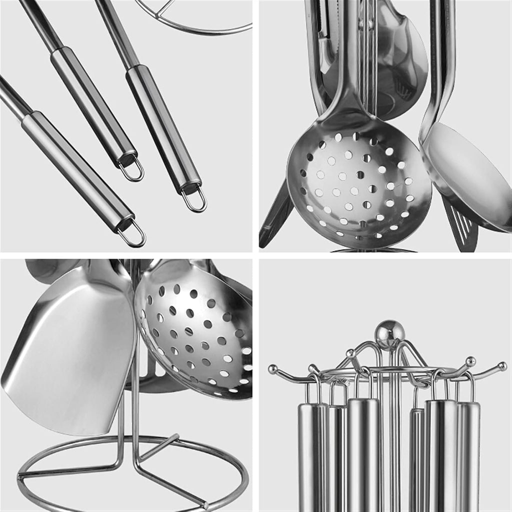 7-Pieces Kitchen Utensil Set -Stainless Steel Specialty Chinese Wok Utensil Set Cooking Utensils with Rotating Holder for Baking Cooking Lightweight and Durable