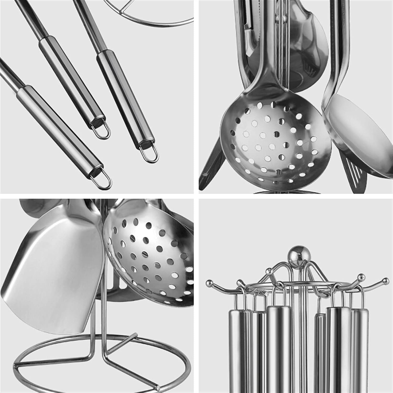7-Pieces Kitchen Utensil Set -Stainless Steel Specialty Chinese Wok Utensil Set Cooking Utensils with Rotating Holder for Baking Cooking Lightweight and Durable