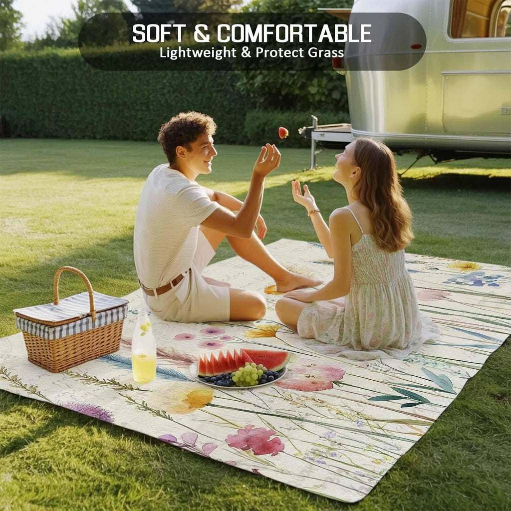 Outdoor Rug 4x6ft Spring Watercolor Flowers Patio Area Rugs Retro Beige Postcard Texture Waterproof Easy Cleaning Non Shedding Thick Mats Carpet for Indoor Outdoor Porch Deck Backyard Balcony