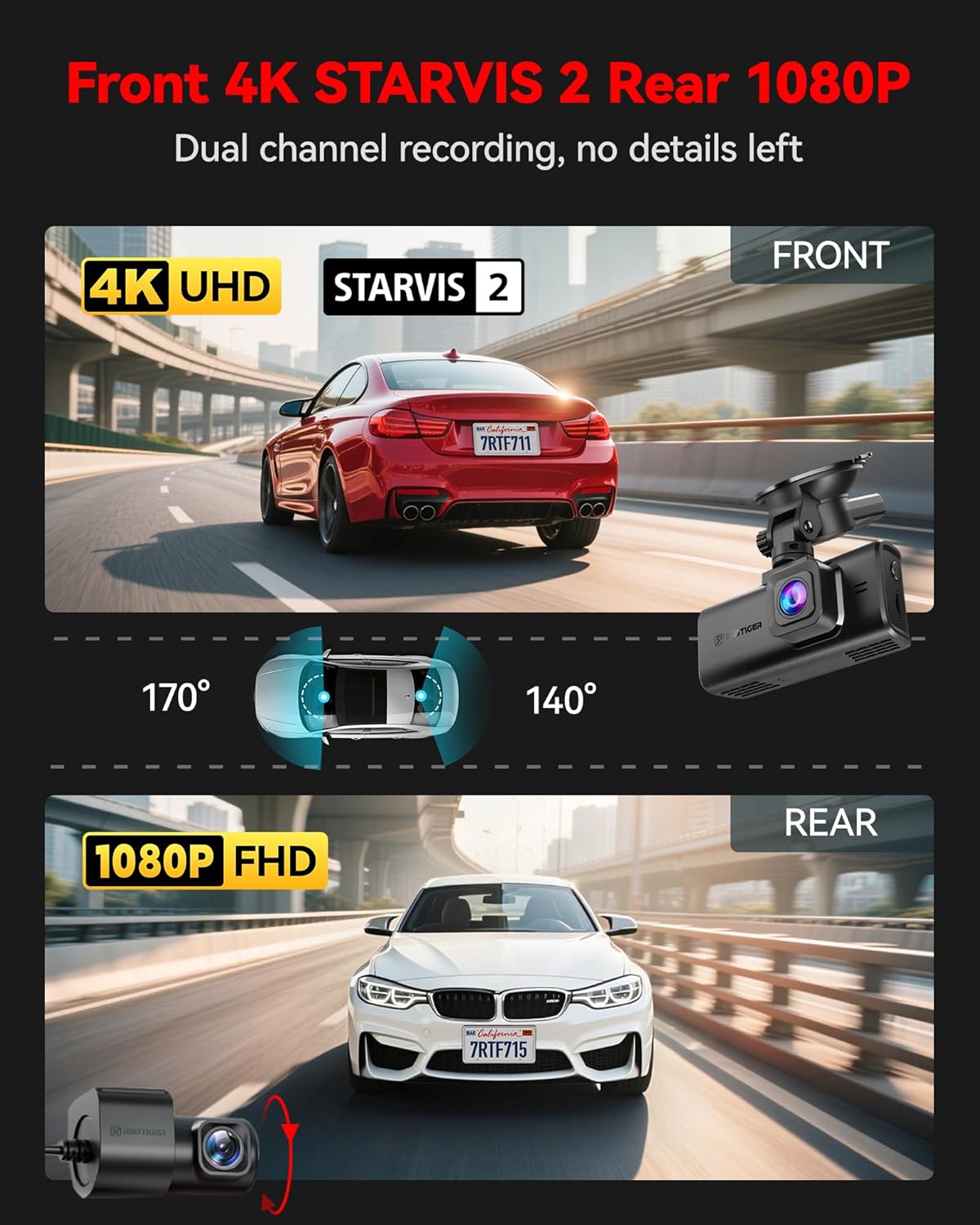REDTIGER 4K STARVIS 2 Dash Cam Front and Rear, 5GHz WiFi 20MB/s Download, 128GB Card Included, Voice Control, Dash Camera for Cars with 3.18' Touch Screen, GPS, Loop Recording, Parking Mode(F7N Touch)