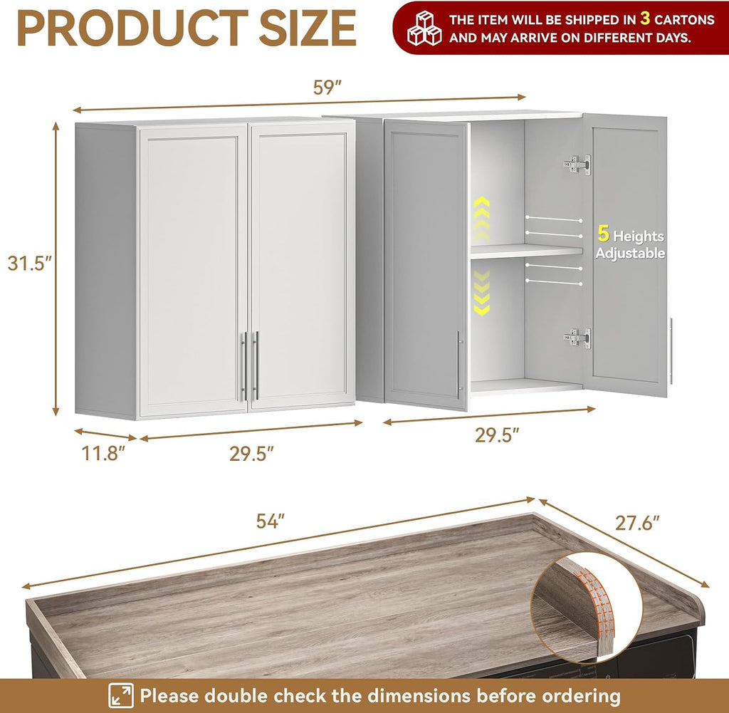 FIMELLO 60' Laundry Room Wall Cabinets and 27.6' x 54' Washer and Dryer Countertop Set, Laundry Room Cabinets Wall Mounted, Upper Cabinets Floating Cabinet - Grey Laundry Countertop